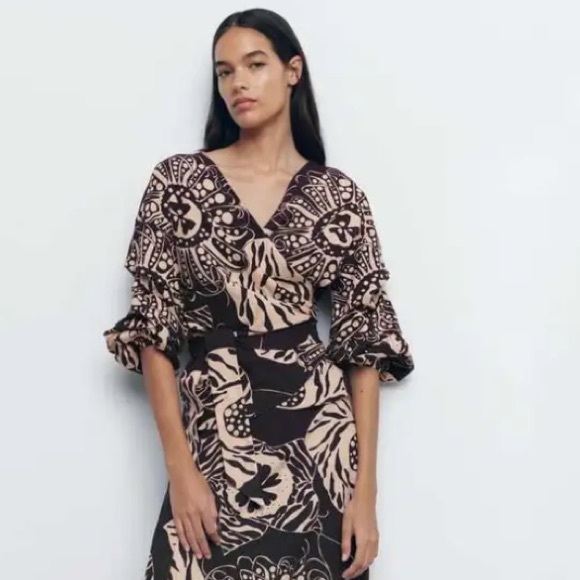 Zara Brown Tan Floral Print Linen Blend Wrap Blouse - Picture 2 of 2